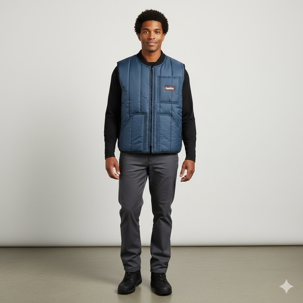 RefrigiWear Mens Quilted Insulated‎ Vest Blue Black Full Zip Pockets Size Medium